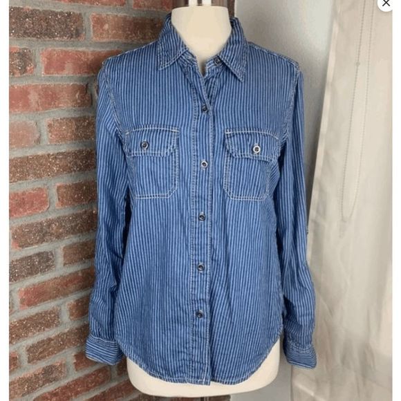 SEVEN 7 for All Mankind BUTTON FRONT DENIM SHIRT STRIPED BLUE, Sz Medium, MP $69 - Picture 1 of 8
